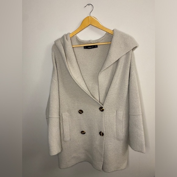 Zara Knit Hooded Double Breasted Oversized Cozy Button Up Sweater Coat - Picture 3 of 7